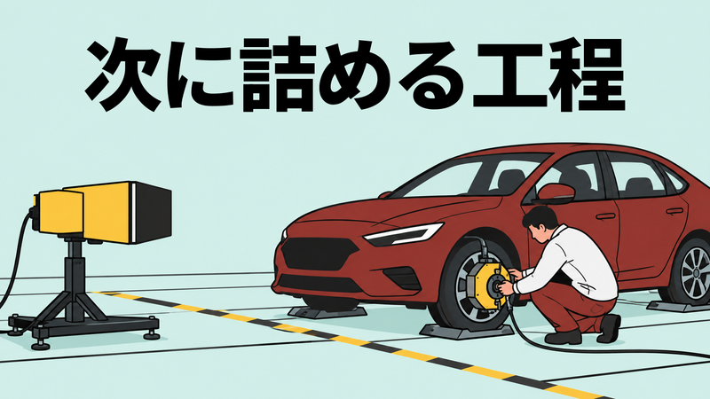 車両試験施設で、技術者が実車のホイールハブに試験装置を取り付けているワイドイラスト。