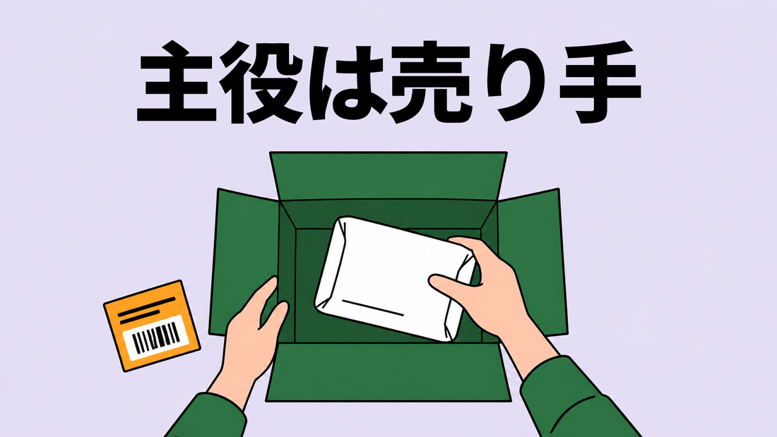 出荷作業台を真上から見た図。両手が商品の包みを開いた緑の箱に詰め、脇にオレンジの出荷ラベルがある。