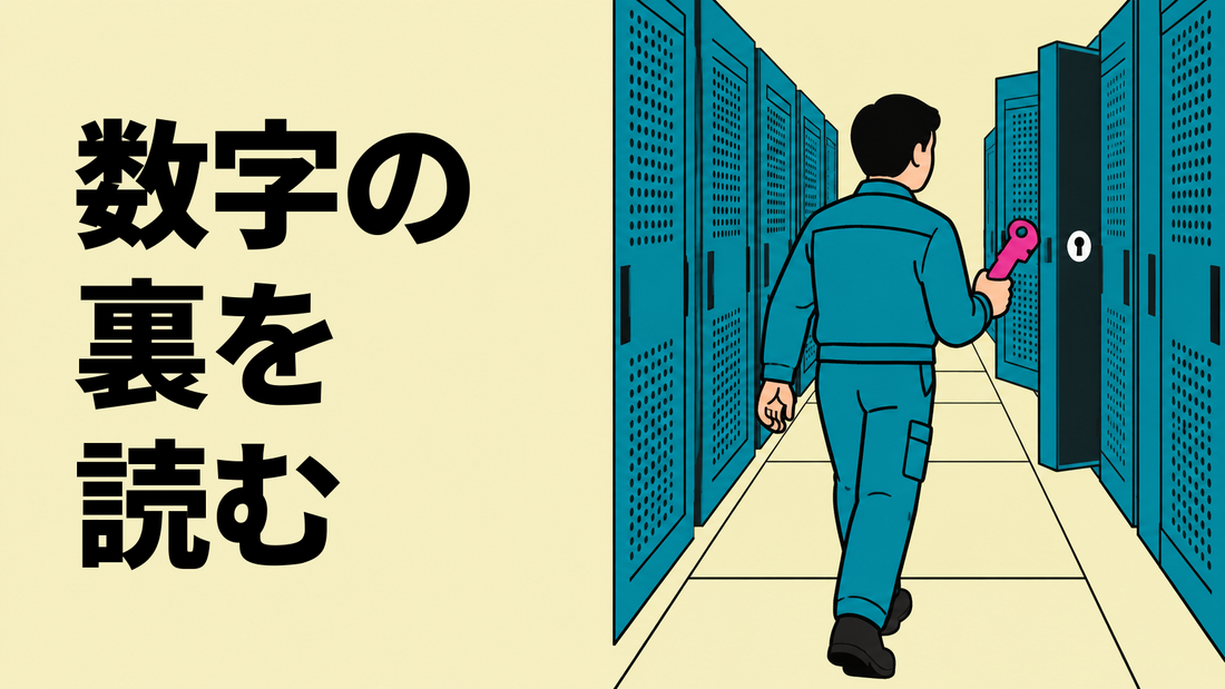 サーバー室の通路で、作業着の担当者が大きな鍵を手に、奥のラックの扉へ向かって歩いていくイラスト。