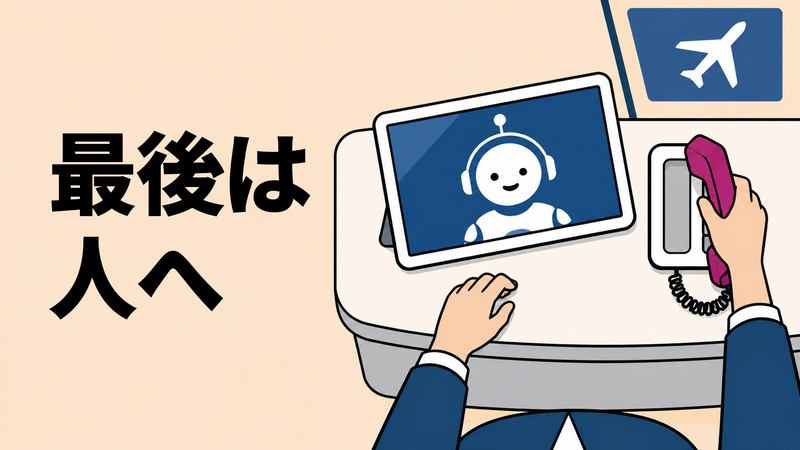 空港の案内カウンターを真上から見たイラスト。AIアバターの案内パネルの横で、スタッフの手が受話器を持ち上げている。