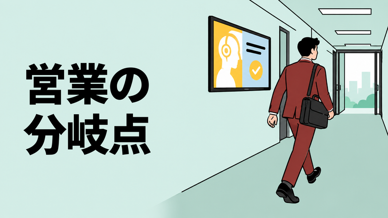 AI支援モニターを背に、営業担当者がバッグを持ってオフィス右奥の出口へ歩き出すフラットイラスト。