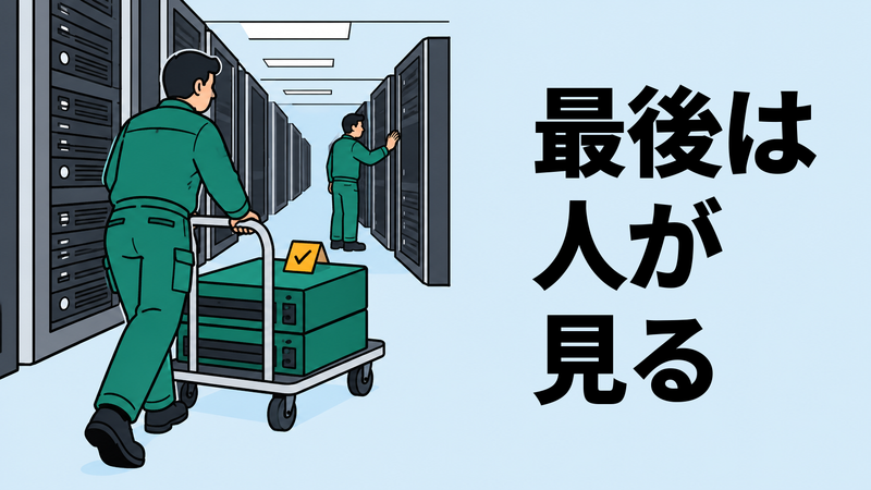 サーバールームの通路で、作業着のエンジニアが箱型のサーバーユニットを台車で運び、奥で同僚が古いラックを点検しているイラスト。