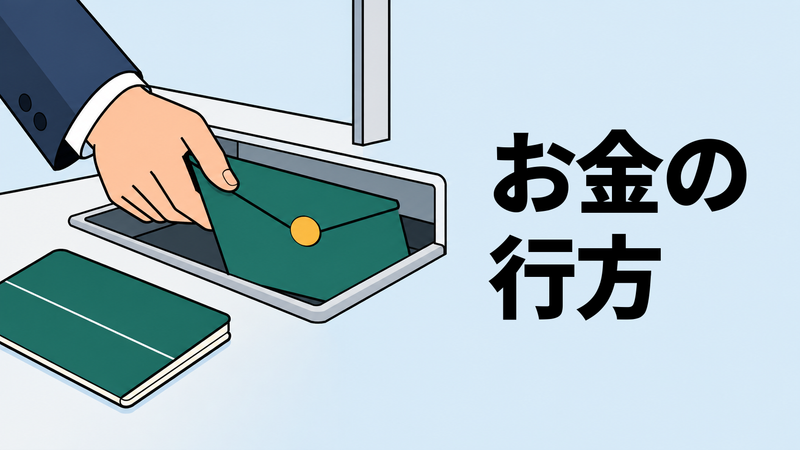 銀行の窓口で、担当者の手が封をした回答書の封筒を受け渡しトレーへ差し入れるイラスト。通帳が添えられている。