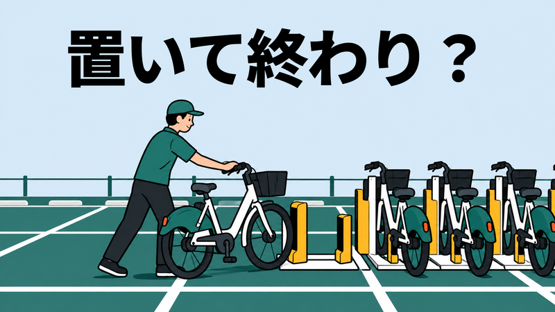 駐車場を活用したシェアサイクル拠点で、運営スタッフが自転車を空きラックへ押し入れて再配置している。