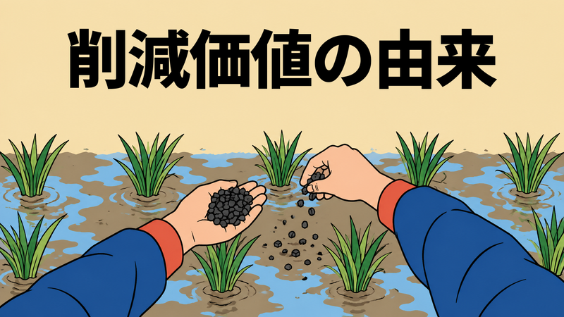 田の稲株の間へ作業者の両手がバイオ炭をまき、農業由来のカーボンクレジット創出を示すイラスト。