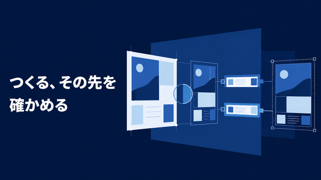 広告制作から配信内容の確認までを、青い制作画面と照合フレームで表したAI生成イラスト