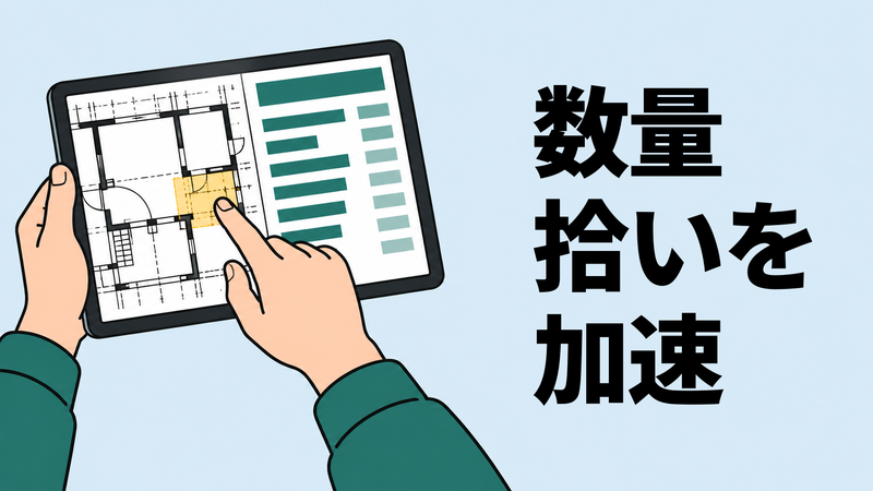 建設見積の担当者が、タブレット上の図面とAIが抽出した数量を指で照合する真上視点のイラスト。