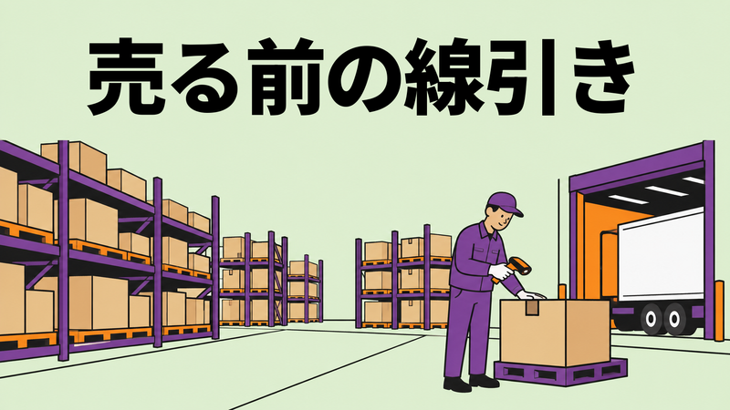物流倉庫で、担当者が海外向け出荷前の梱包箱をスキャナーで読み取っているフラットなイラスト。