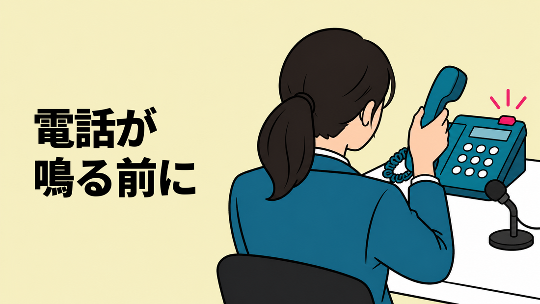広報担当者の背後から、着信ランプが光る固定電話の受話器を取る場面と卓上マイクを描いた、模擬取材の入電対応のイラスト。