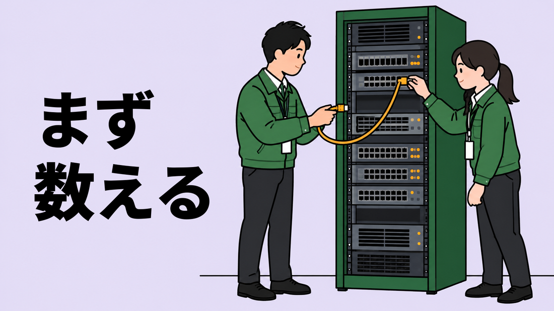 作業着姿の担当者2人がネットワーク機器のラックの前でケーブルをつなぎ、接続口を確かめている場面のイラスト。