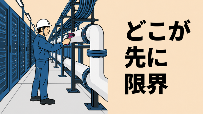 データセンターの設備通路で、担当者がラック脇の冷却配管に携帯温度計を当てて測定している。