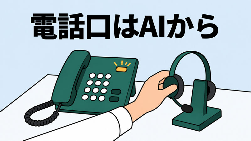 代表電話の運用台を真上から見下ろし、担当者の手がヘッドセットをスタンドへ戻す場面。上部に「電話口はAIから」。