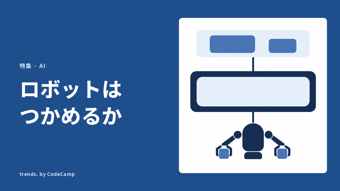 稼働する現場で集めたデータが基盤モデルに入り、二本の腕を持つロボットが物をつかむまでの流れを縦に表した図解。