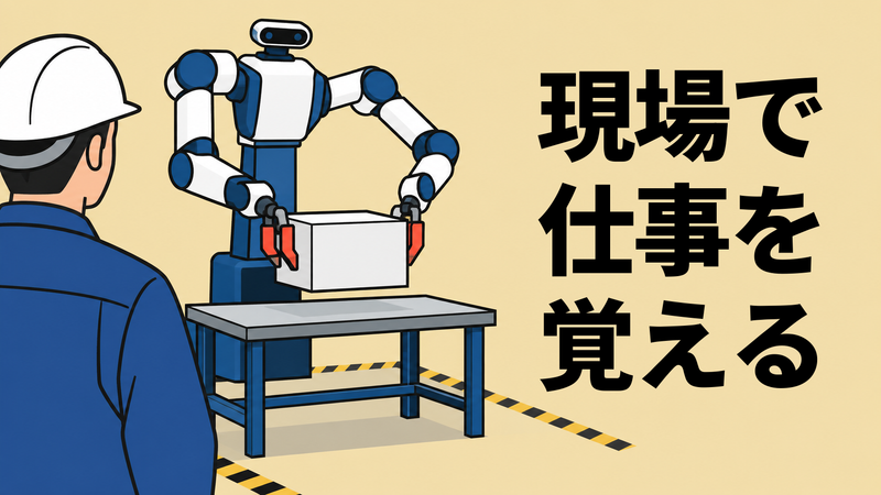 作業員の肩越しに、試験スペースで無地の箱形ワークを持ち上げる双腕ロボットを描いたフラットイラスト。
