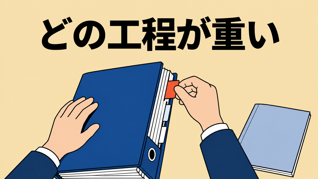 作業台を真上から見たイラスト。両手で青い厚い規程バインダーに赤いタブを差し込み、右には薄い冊子が置かれている。