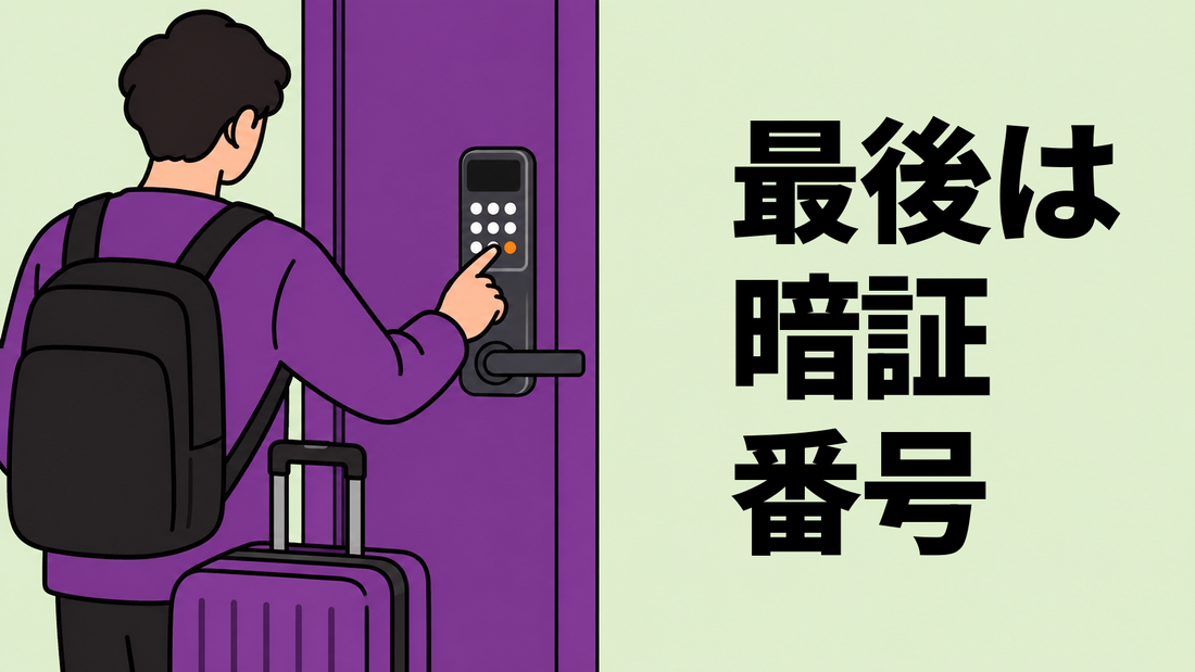 客室ドアの前で、荷物を持った後ろ姿のゲストがテンキー式スマートロックの暗証番号を押す場面を描いたイラスト。