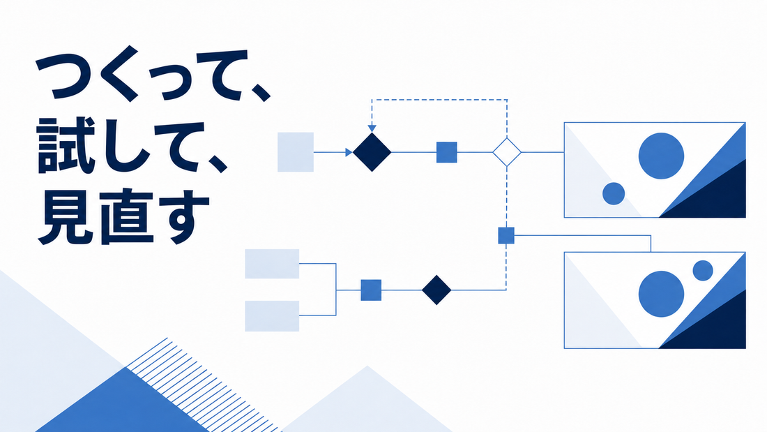 つくって、試して、見直す。生成物の評価と改善を表したAI生成イラスト
