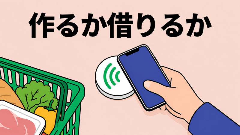 スマートフォンを持つ手がNFCタグ付きのスタンプ台にかざされ、横に地元スーパーの食材入り買い物かごが置かれたイラスト。