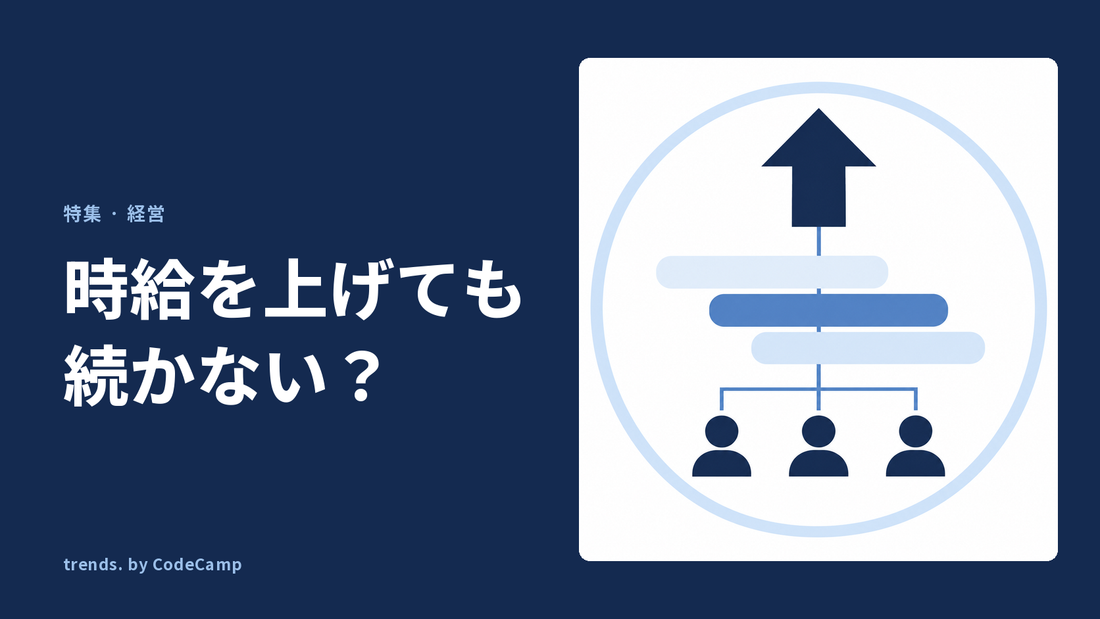 上向きの矢印から、段違いに重なる三本の帯を経て、輪の中に並ぶ人へつながる流れを表した図解。