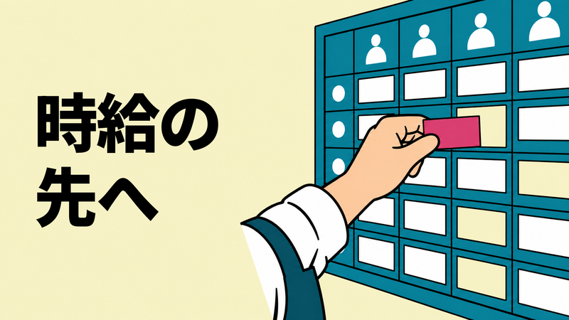 店舗スタッフの手が、勤務シフトボードの空き枠へ勤務札を差し込む場面。左側はコピー用に広く空けている。
