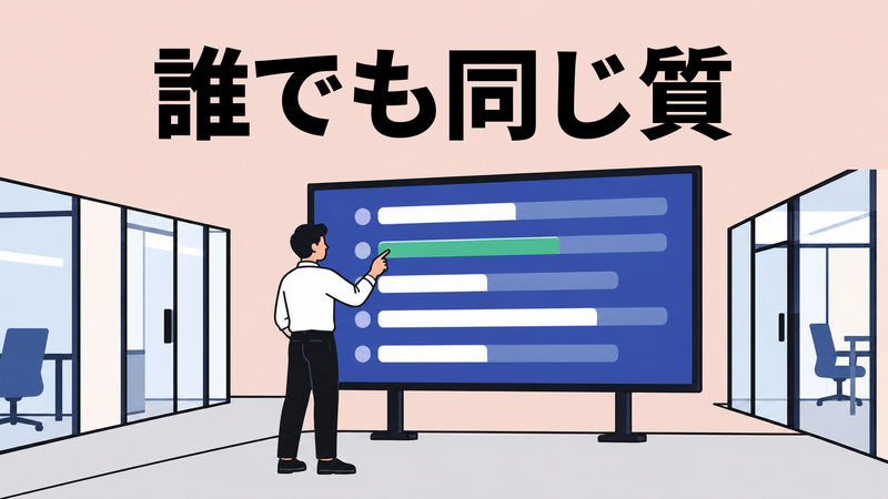 企業オフィスの共有モニターで、担当者が複数案件の工程バーを更新しているフラットなイラスト。