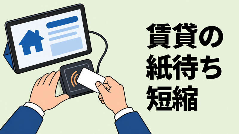 不動産事業者の手がICカードを読み取り、賃貸手続きの電子化を進める様子を真上から描いたイラスト。