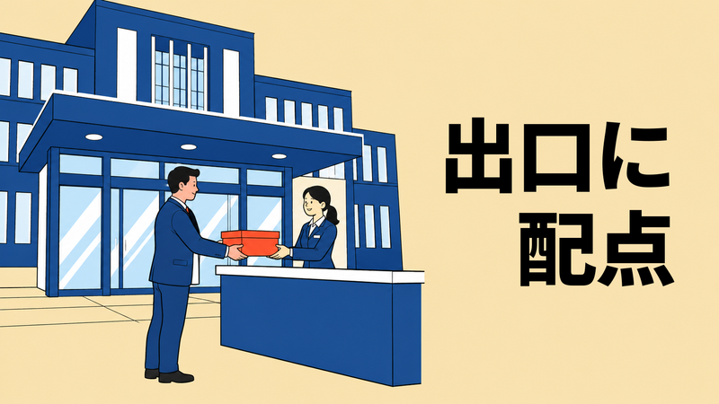 自治体庁舎の受付窓口で、提案書の箱を持参した担当者が市職員に手渡している場面を描いたイラスト。
