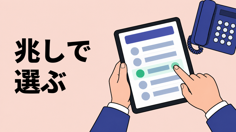 営業担当者が公開情報を示すタブレットで候補企業を絞り込み、そばに部門直通用の卓上電話を置いた手元。