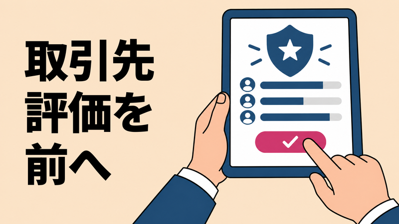 取引先のセキュリティ評価画面で、担当者の手が承認操作部を押す真上視点のイラスト。