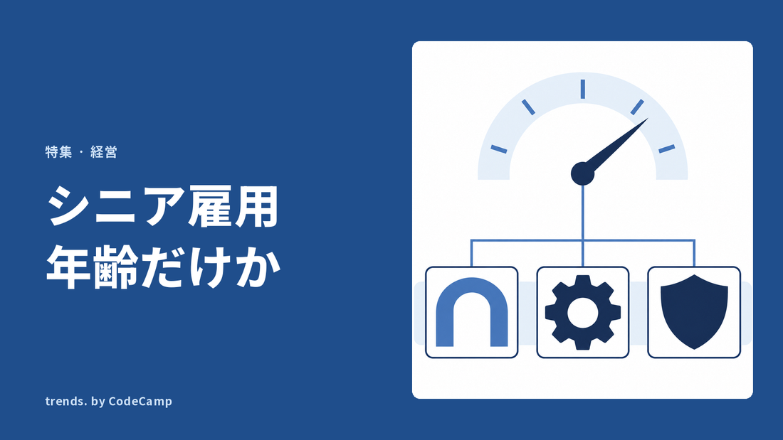 年齢の目安を示す目盛りから線が三方向に分かれ、募集の入口・任せる業務・安全配慮にあたる三つの枠へつながる図解。