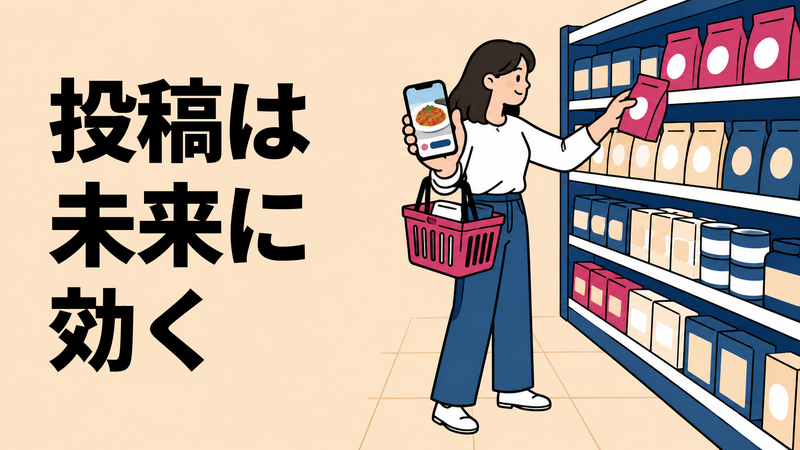 食品売場でスマートフォンのSNS投稿を確かめながら、棚から商品を手に取る買い物客のイラスト。