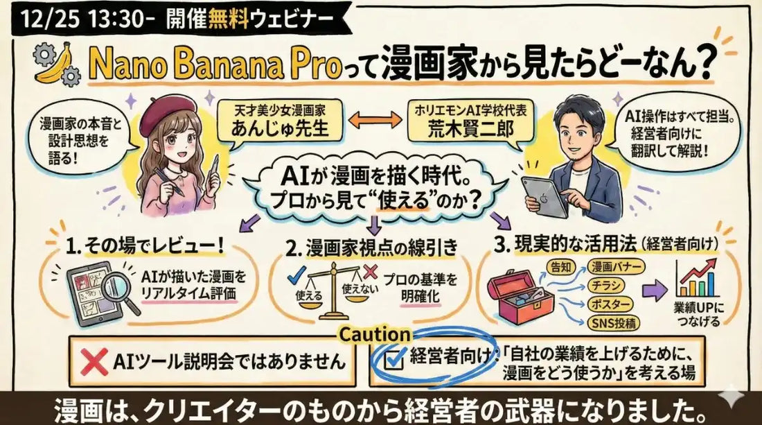 ホリエモンAI学校がAI漫画ウェビナーを開催、プロ漫画家がNano Banana Proをレビュー