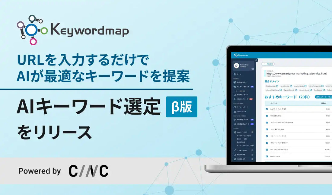 CINCがKeywordmapに「AIキーワード選定（β版）」を追加、URL入力だけでSEO対策キーワードを自動提案