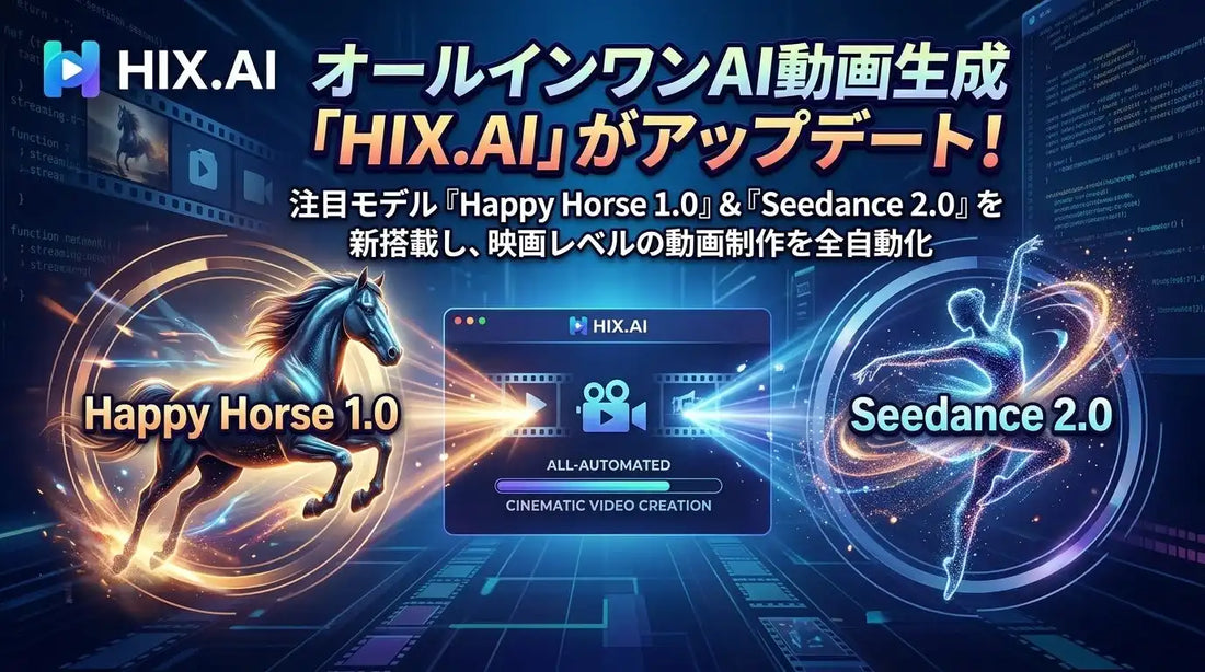 HIX.AIが大規模アップデート、Happy Horse 1.0とSeedance 2.0を新搭載し高品質動画を全自動生成