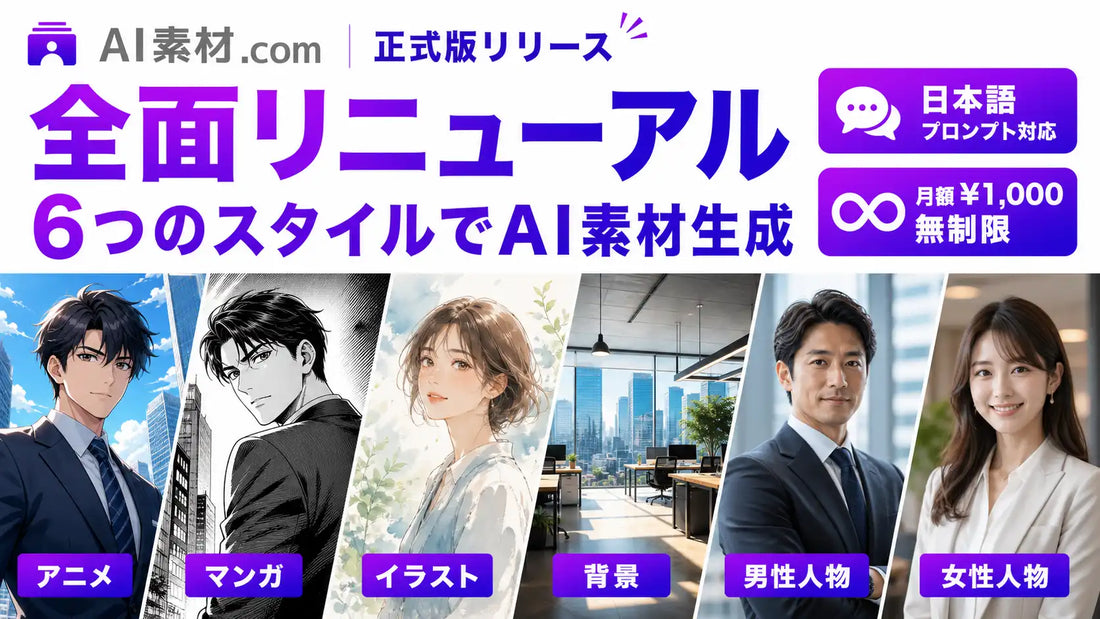 AI素材.comが全面リニューアルで再リリース、6スタイルの日本語対応UIと商用安全配慮を実装
