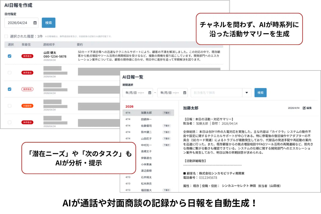 株式会社シンカがカイクラのAI業務日報機能を提供開始、通話・対面商談の記録から日報を自動生成
