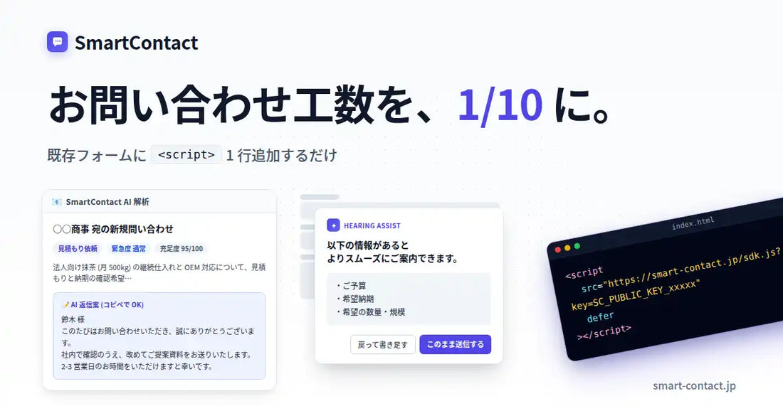 SmartContactが正式版の提供を開始、Scriptタグ1行の追加でお問い合わせ工数を1/10に削減