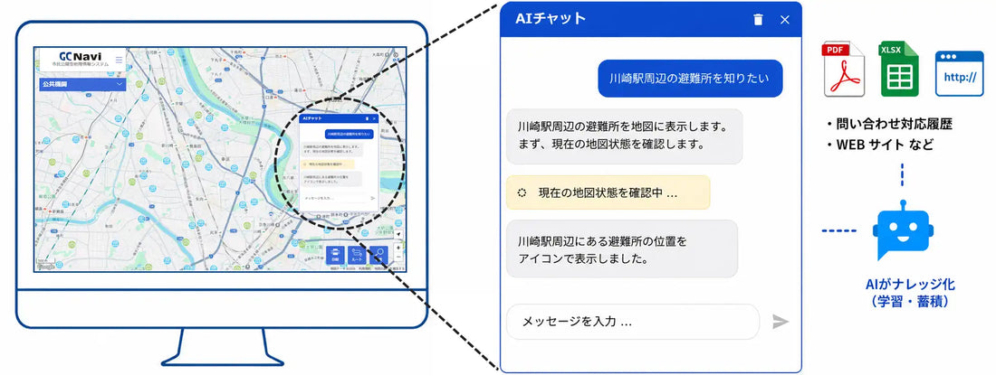 GC Naviが生成AIチャット機能を追加、「最寄りの避難所は？」に地図で回答し自治体の問い合わせ対応業務を効率化