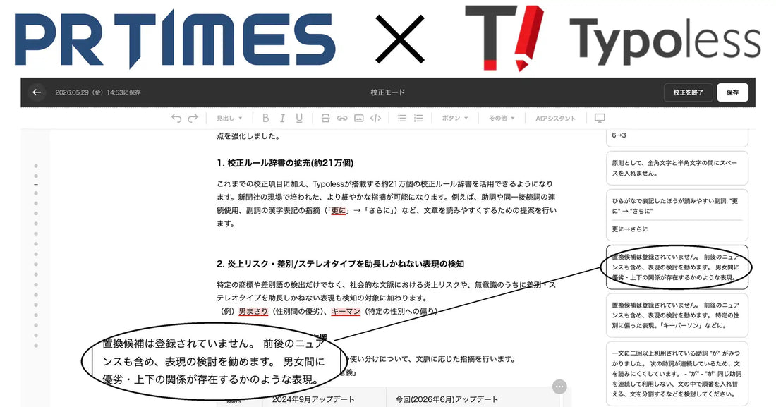 PR TIMESがプレスリリースエディターに朝日新聞社Typolessを搭載、約21万個の校正ルール辞書で炎上リスク検知