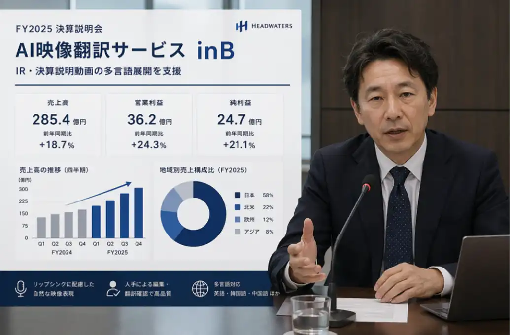 ブーストマーケティングがAI映像翻訳サービス「inB」を提供開始、IR・決算説明動画をリップシンク対応で多言語化
