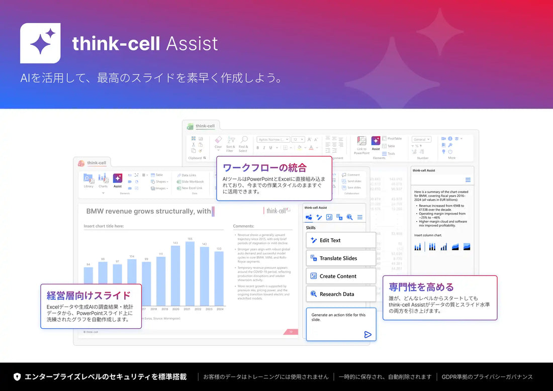 think-cell Assistが提供開始、PowerPoint・Excel統合のAIで情報収集から資料作成まで効率化