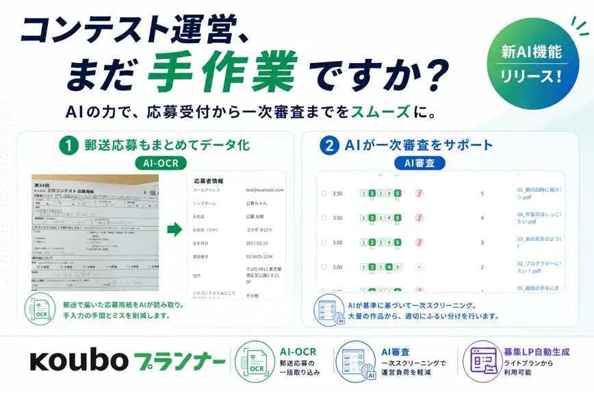 Kouboプランナーがコンテスト運営向けに3つのAI機能を実装、一次審査と郵送応募のデータ化を効率化
