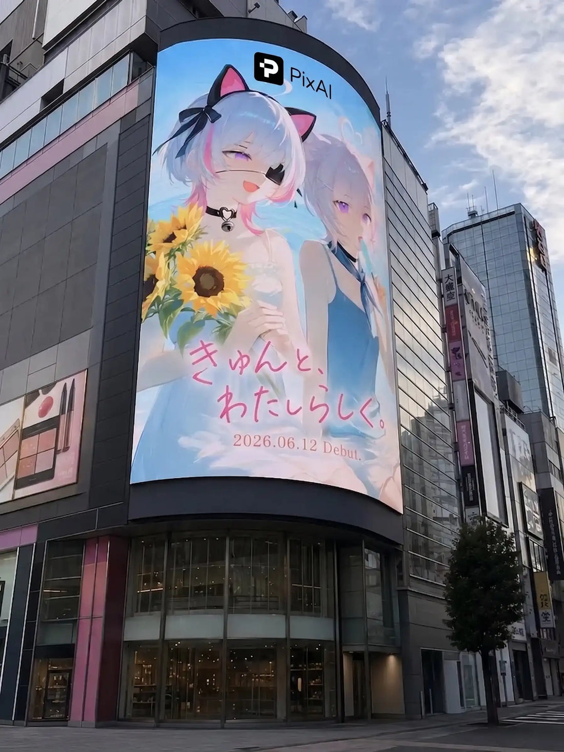 PixAIがキャラクター広告生成ツールを公開、街の大型ビジョン風ビジュアルをワンクリックで生成