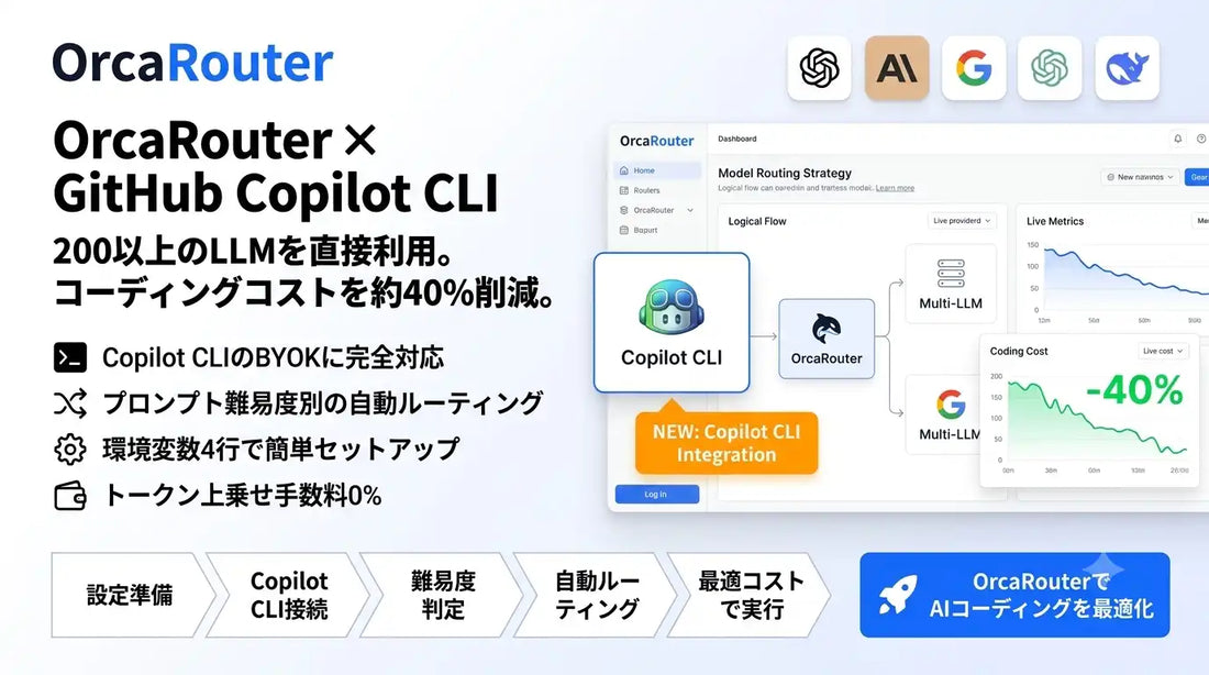 OrcaRouterがGitHub「Copilot CLI」に対応、200以上のLLMを利用しコストを約40%削減