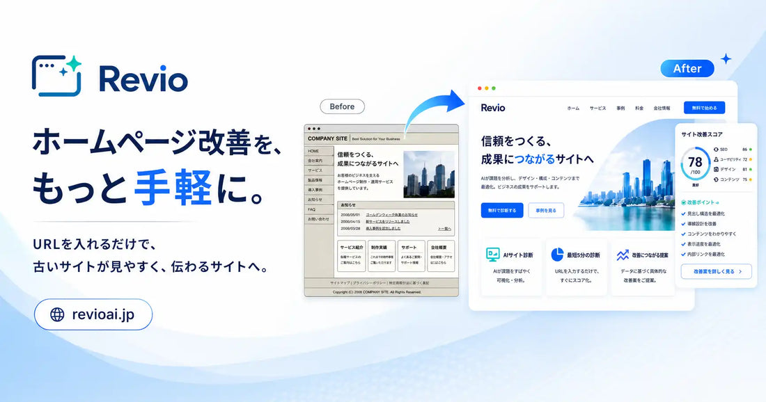 ウェル・ビーイング株式会社が「Revio（レビオ）」を公開、無料診断からチケット制でHTMLリニューアル案を生成
