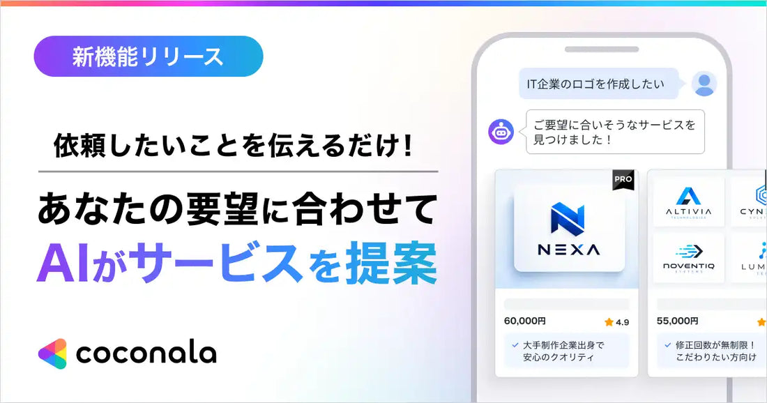 株式会社ココナラが「発注AIアシスタント」を提供開始、AIの質問に答えるだけで最適な発注形式と依頼先を提案