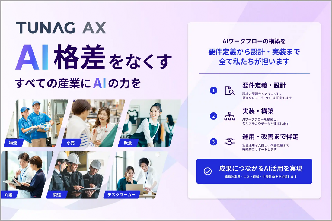 TUNAG AXが提供開始、月額10万円・最短1ヶ月でAI業務自動化を代行