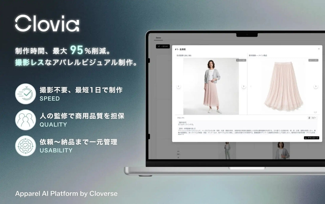 CloverseがCloviaを2026年7月に提供開始、AIとデザイナーの協業でアパレルECビジュアルの商用品質を実現