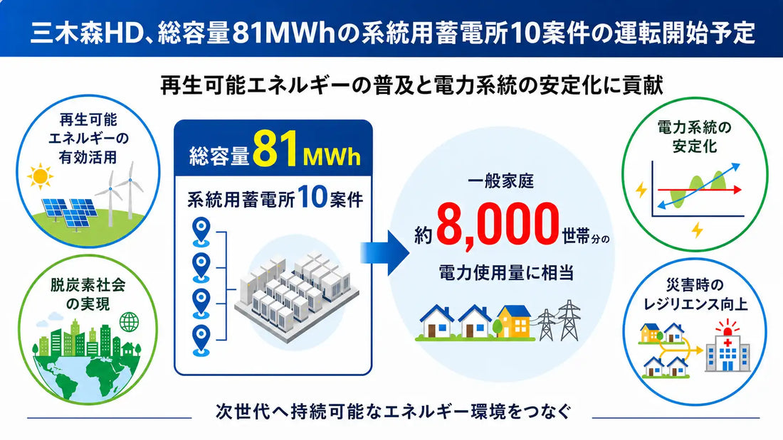 株式会社三木森ホールディングスが系統用蓄電所10件で総容量81MWhを確保、一般家庭約8,000世帯の1日分の電力使用量に相当する蓄電容量