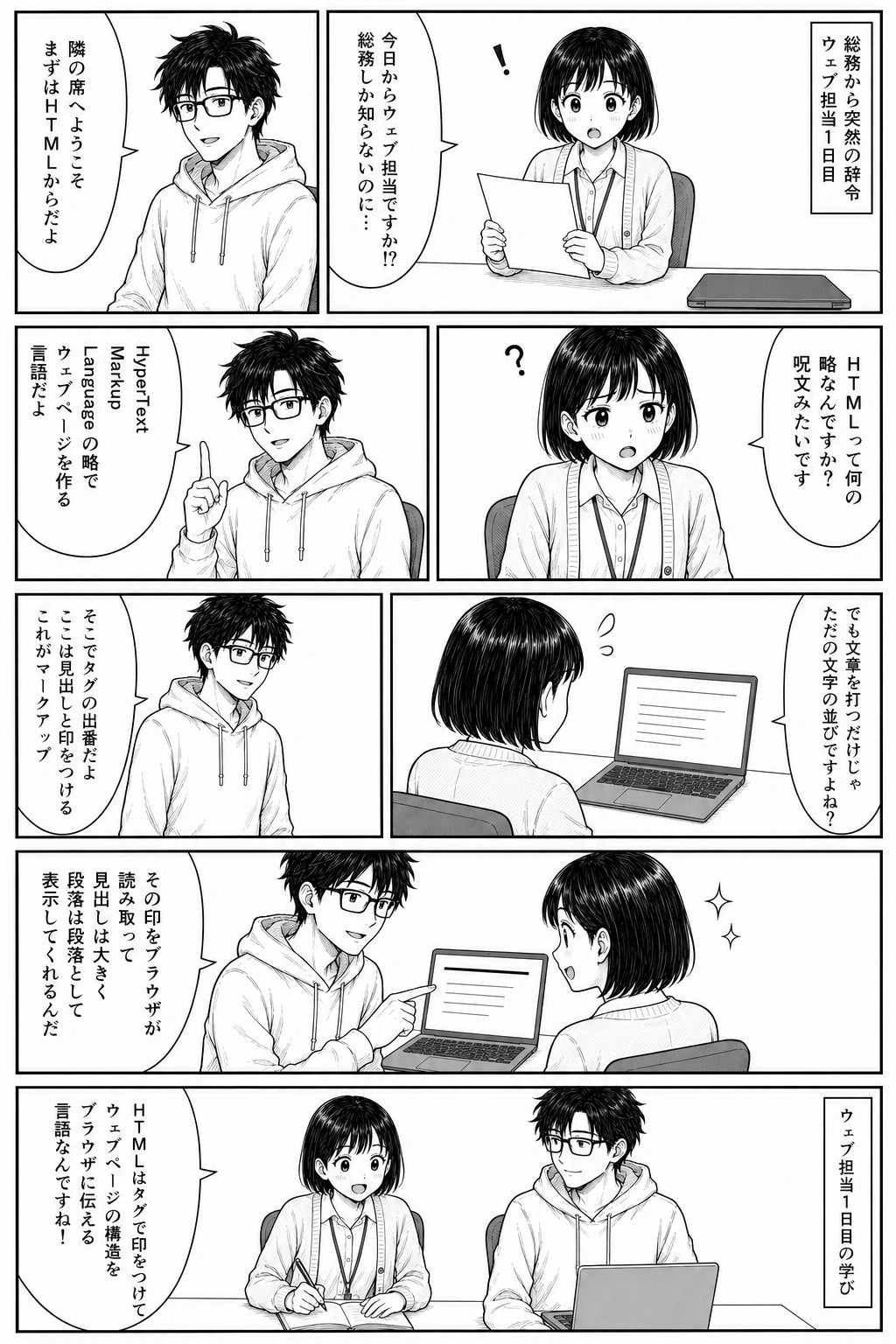 ミナと学ぶ「初日からHTML」 — HTMLはHyperText Markup Languageの略でウェブページを作る言語 ここは見出し ここは段落 とタグで文章に印をつける作業がマークアップで ブラウザはその印を読み取って構造どおりに表示する